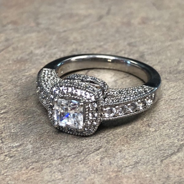 14K White Gold Princess Cut Halo Engagement Ring